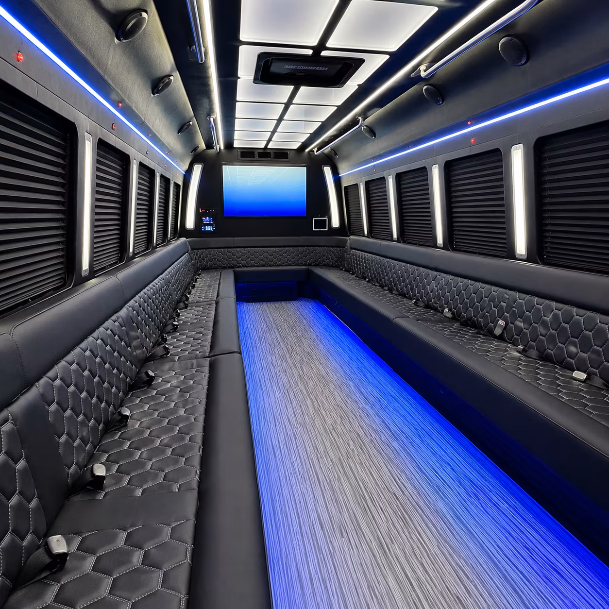 Interior of a party bus rental serving Oceanside